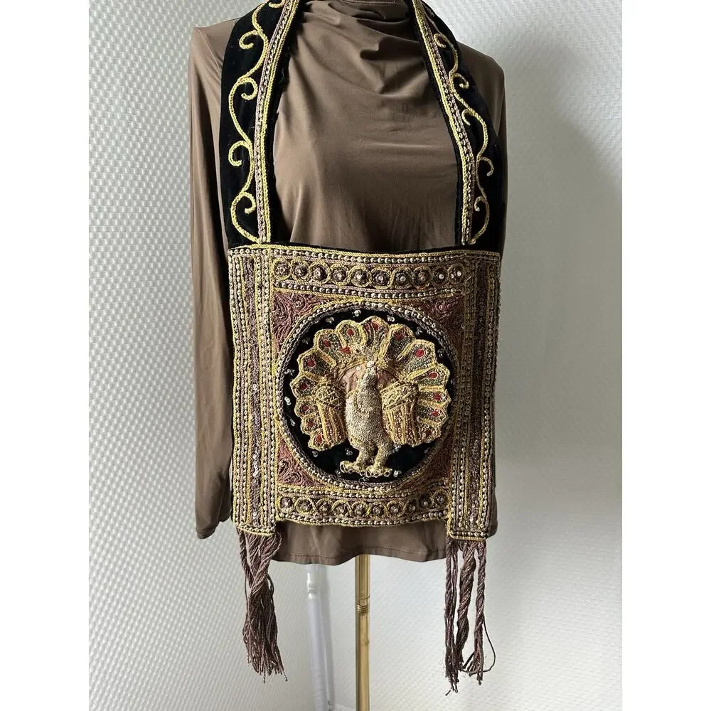VTG 1970s Handmade Sequin & Beaded Thai Burmese Tapestry Hobo Peacock Kalaga Bag